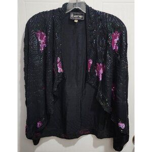 Vtg 80s Sister Max Women's Open Front Cardigan Jacket Black Sequin Beaded Silk M